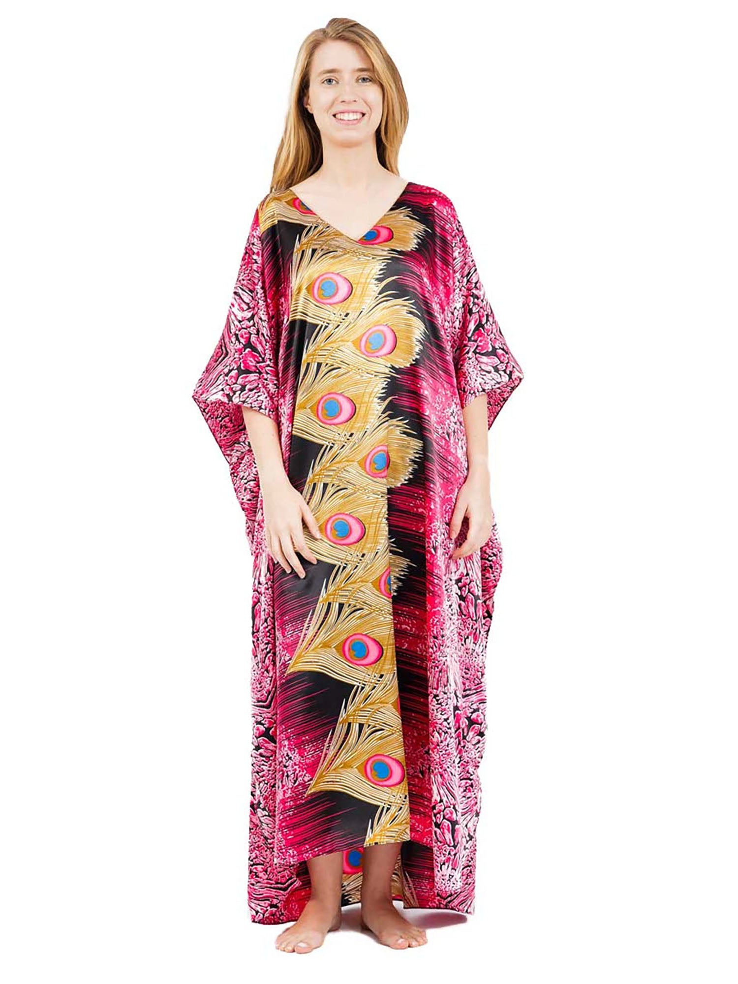 Women's Long Satin Caftan / Kaftan / Muumuu, Peacock Fuchsia Print ...