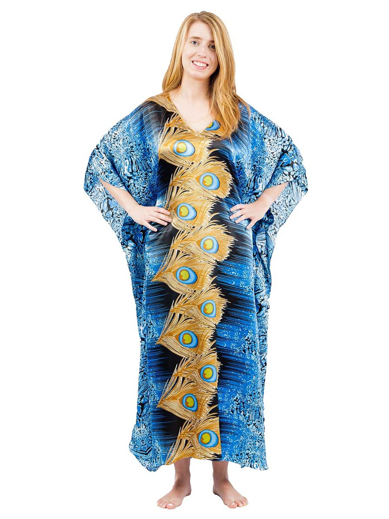 Womens Long Satin Caftan Kaftan Muumuu Peacock Sapphire Print Tabszy Sleepwear 