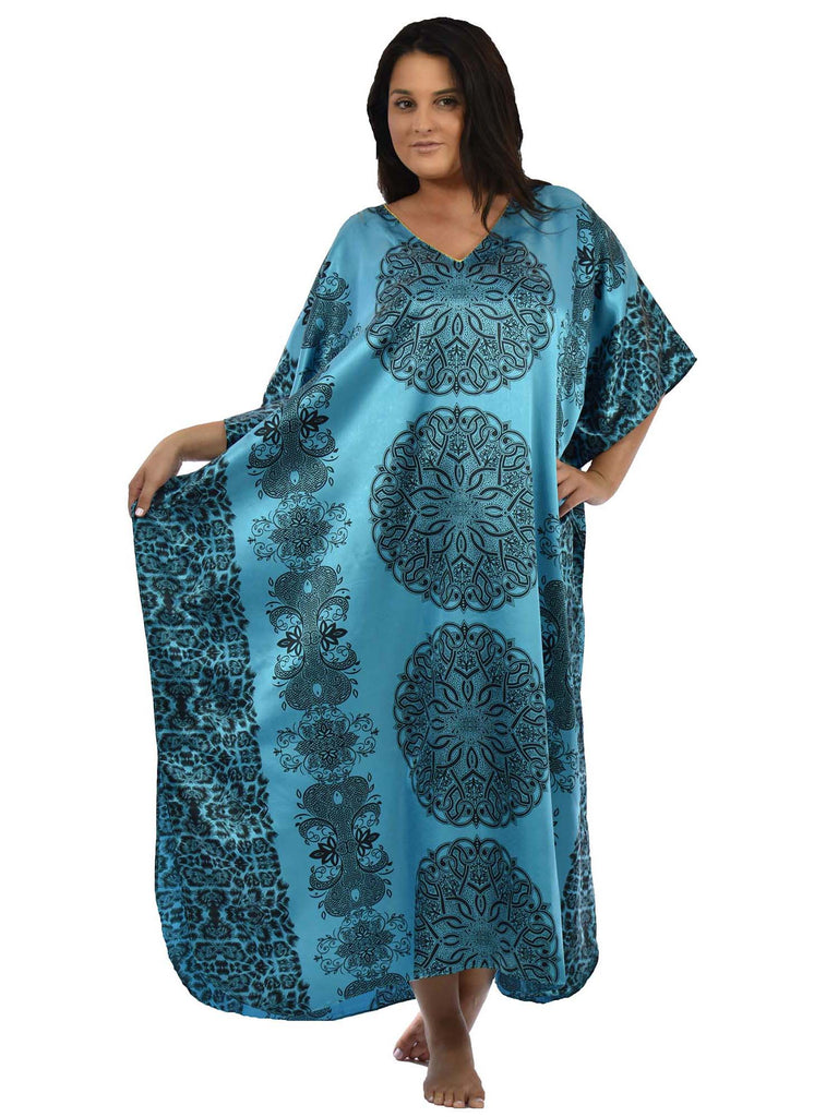 Women's Long Satin Caftan / Kaftan / Muumuu, Blue Mandala Print ...