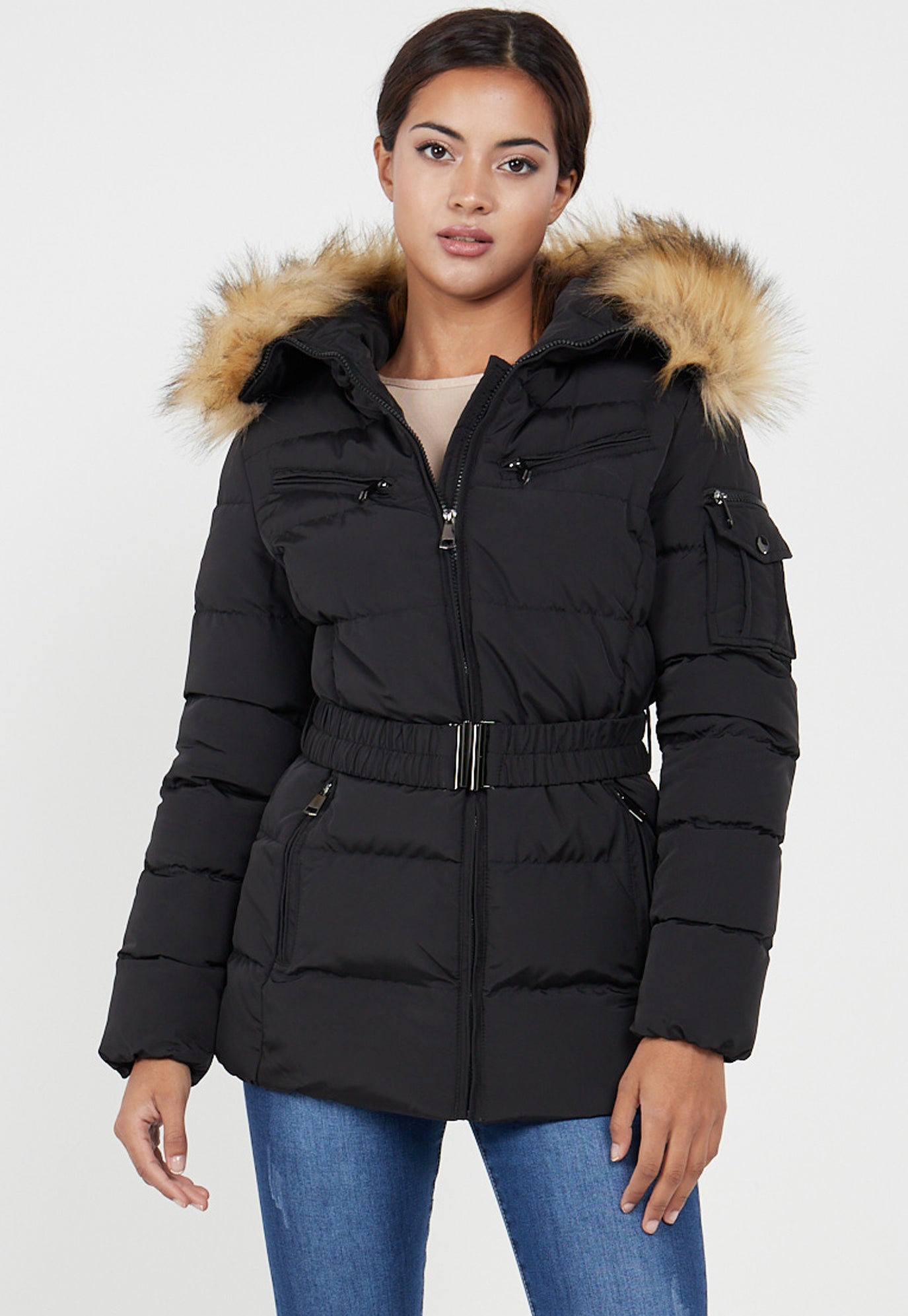 PADDED BELTED FAUX FUR QUILTED JACKET 
