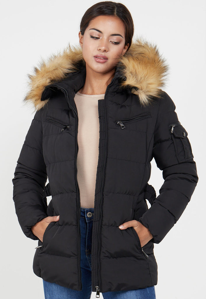 PADDED BELTED FAUX FUR QUILTED JACKET - BLACK – Miss Guilty