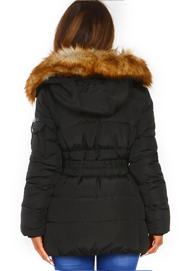 QUILTED BELTED BLACK FAUX FUR PADDED JACKET COAT – Miss Guilty