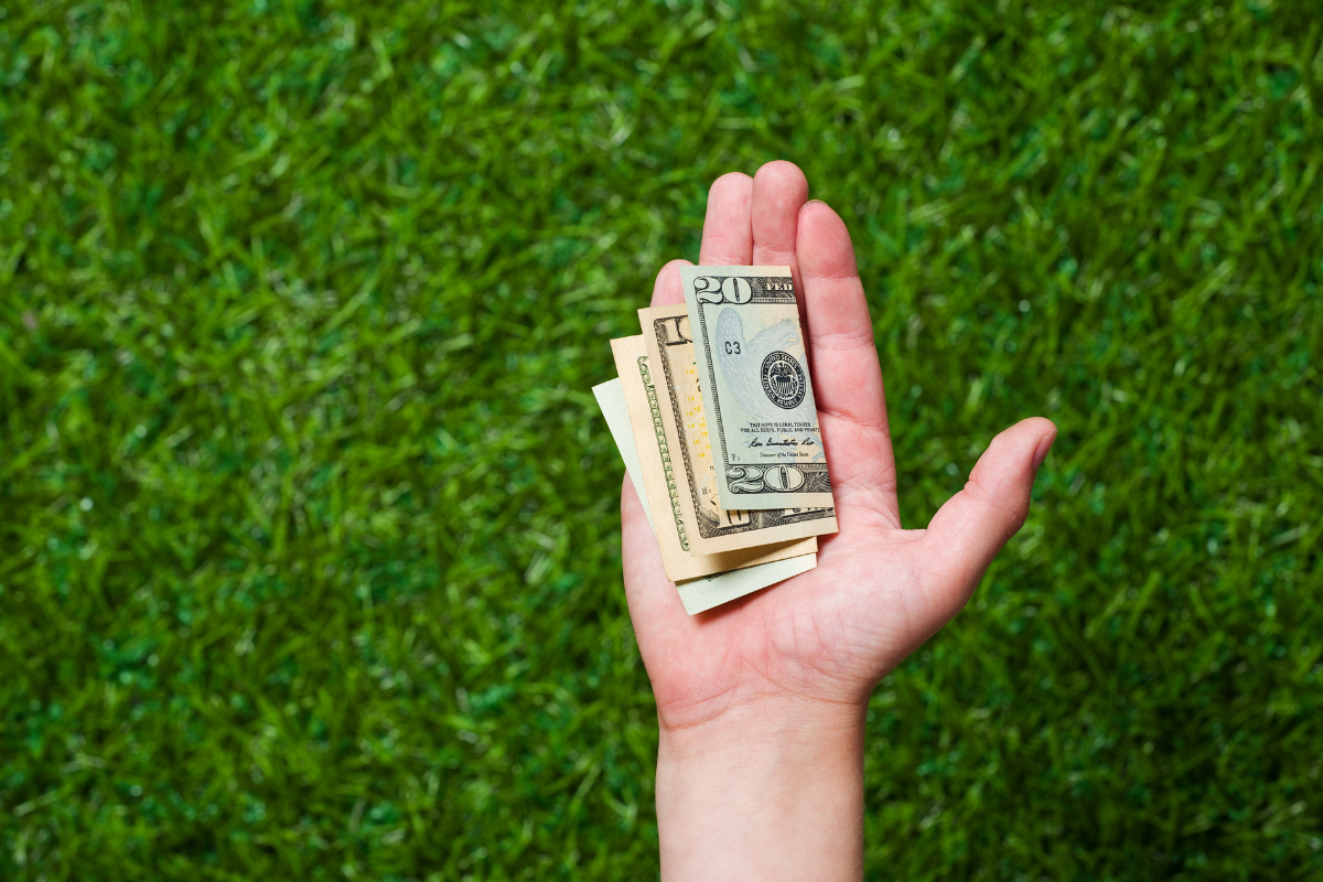 A hand holding several US dollar bills over a lush green grass background.