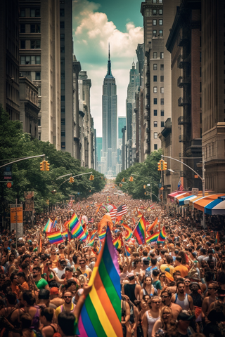 A packed city street during a Pride festival