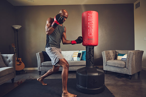 man in living room punching a Wavemaster