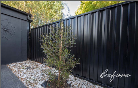Black Colorbond fence with green tree in front