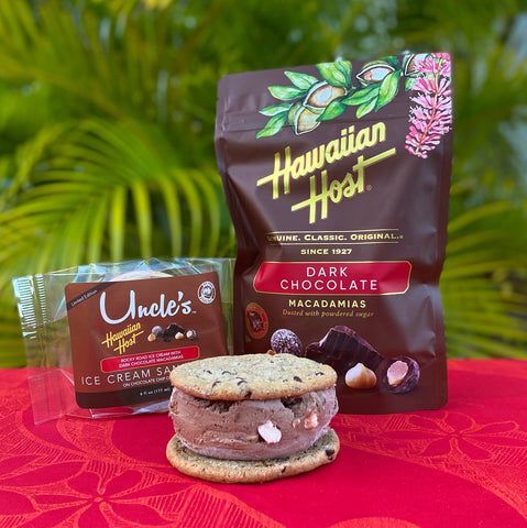 Hawaiian Host and Uncle's Ice Cream Fourth Flavor, Rocky Road Ice Cream with Dark Chocolate Macadamias Ice Cream Sandwich 