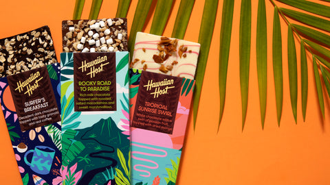 Flavors of Aloha Collection chocolate bars featuring Surfer's Breakfast, Rocky Road to Paradise and Tropical Sunrise Swirl