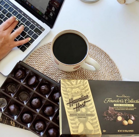 Founder's Collection Dark Chocolate with laptop and cup of coffee