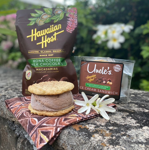Hawaiian Host and Uncle's Ice Cream Third Flavor, Mocha Ice Cream with Kona Coffee Milk Chocolate Macadamias Ice Cream Sandwich 