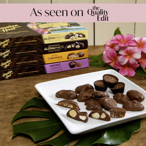 The best of Hawaiian Host Bundle with AlohaMacs Milk and Dark Chocolate and Maui Caramacs and MacNut Crunch stacked and a white plate with all the chocolates laid out.