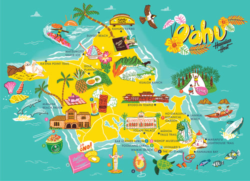 Illustrated map of Oahu by Hawaiian Host