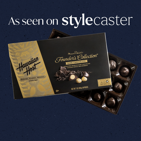 Hawaiian Host Founder's Collection Dark Chocolate on dark navy background with text overlay that says as seen on stylecaster
