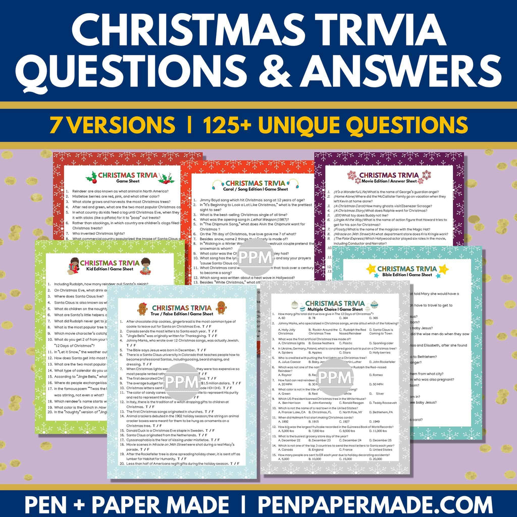 Classic Christmas Trivia Printables Bundle 140 Unique Questions Pen Paper Made Store