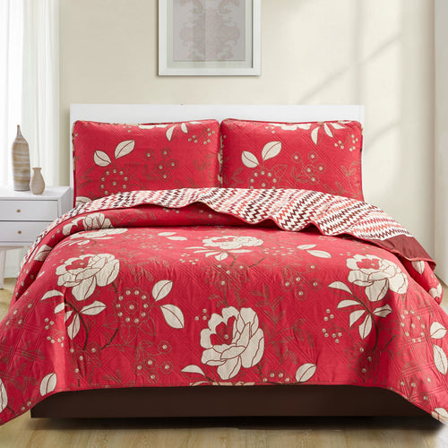 Sherry - 3 Piece - Solid Reversible Quilt Set - Red