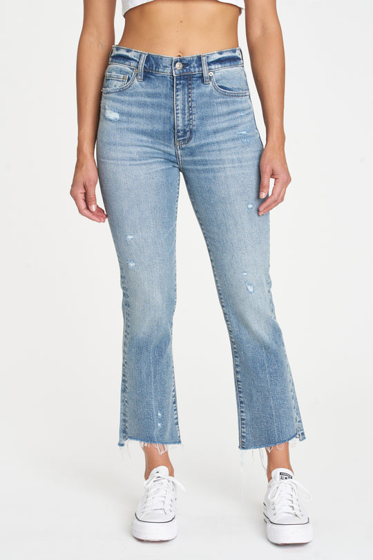 Shy Girl Light Wash Distressed High-Waisted Cropped Flare Jeans