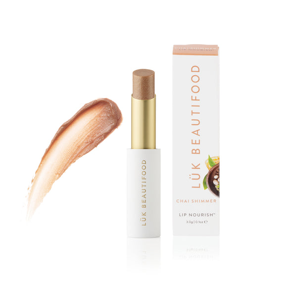 Lip Nourish Chai Shimmer - Golden beige. Barely there coverage. Tastes of delicious chai tea. 100% Natural Lipstick