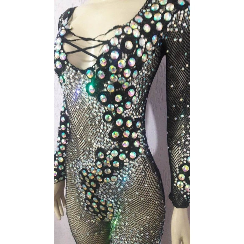 Embellished Rhinestone Fishnet Tights for Burlesque Costume