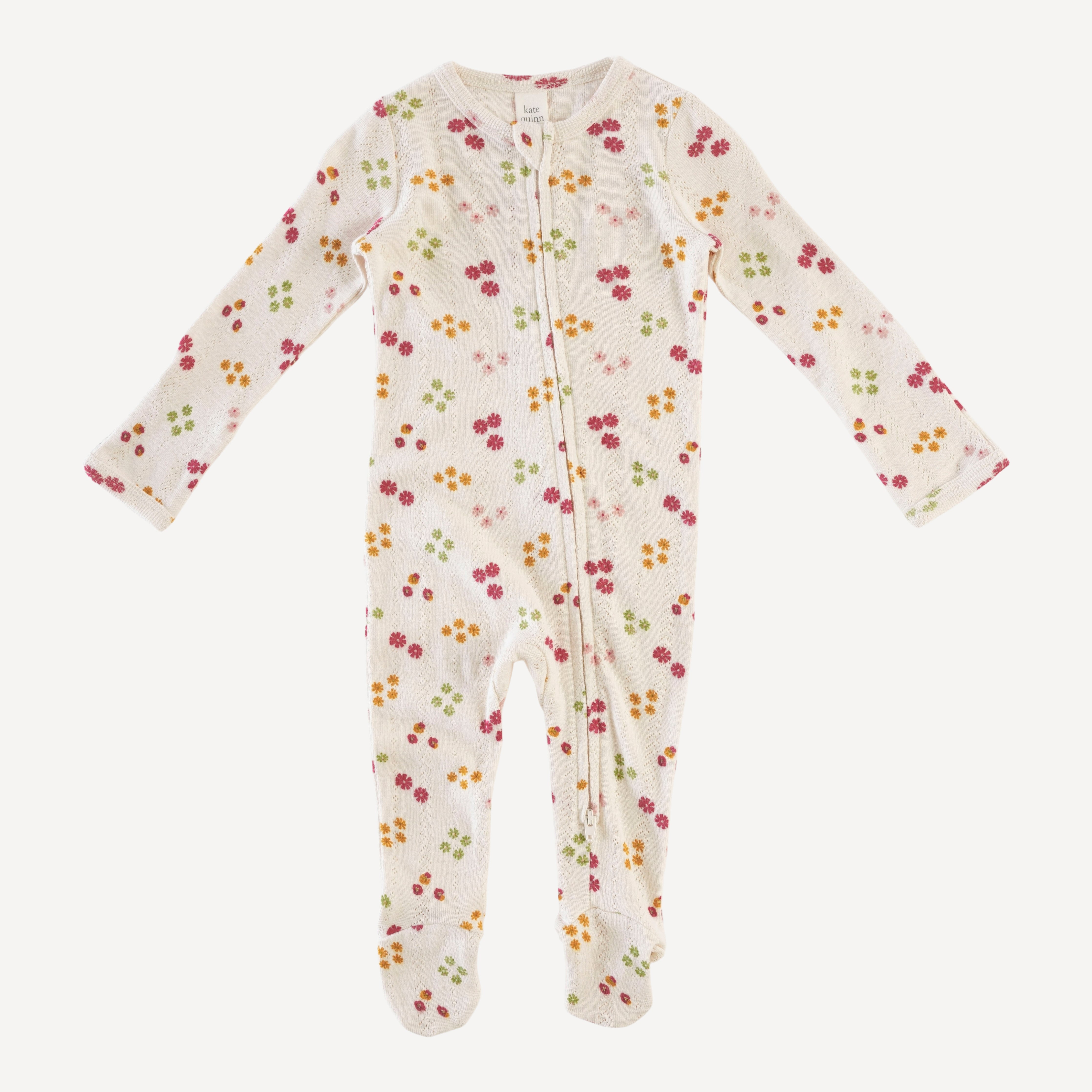 long sleeve zipper footie | ditsy oatmeal flower | organic cotton pointelle