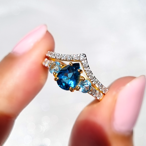 14k solid yellow gold London blue topaz Swiss blue topaz and natural diamond engagement ring stacked with diamond wishbone curved wedding band 