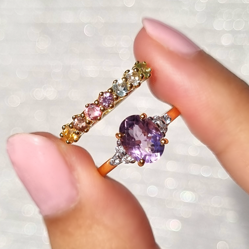 14k Solid Yellow Gold Lavender Amethyst Ring & Rainbow Gemstone Ring