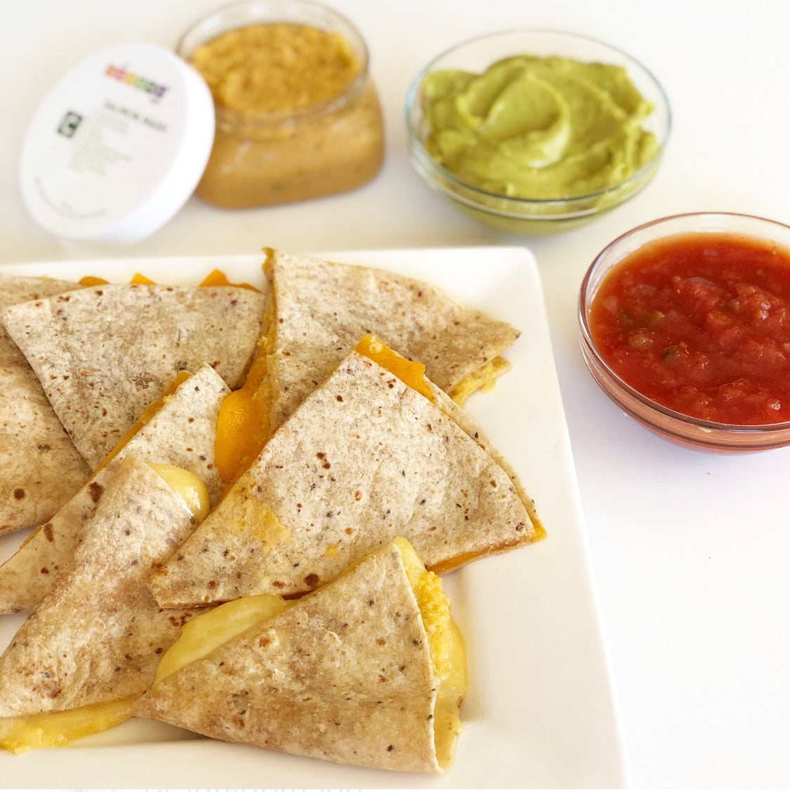 Cheesy salmon quesadilla made with square baby puree baby food