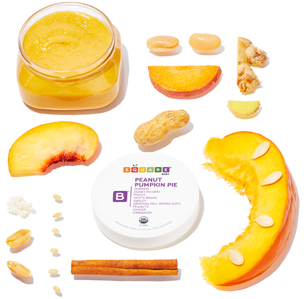 Peanut pumpkin pie baby food with yellow spoon, banana, nuts, white beans, and more