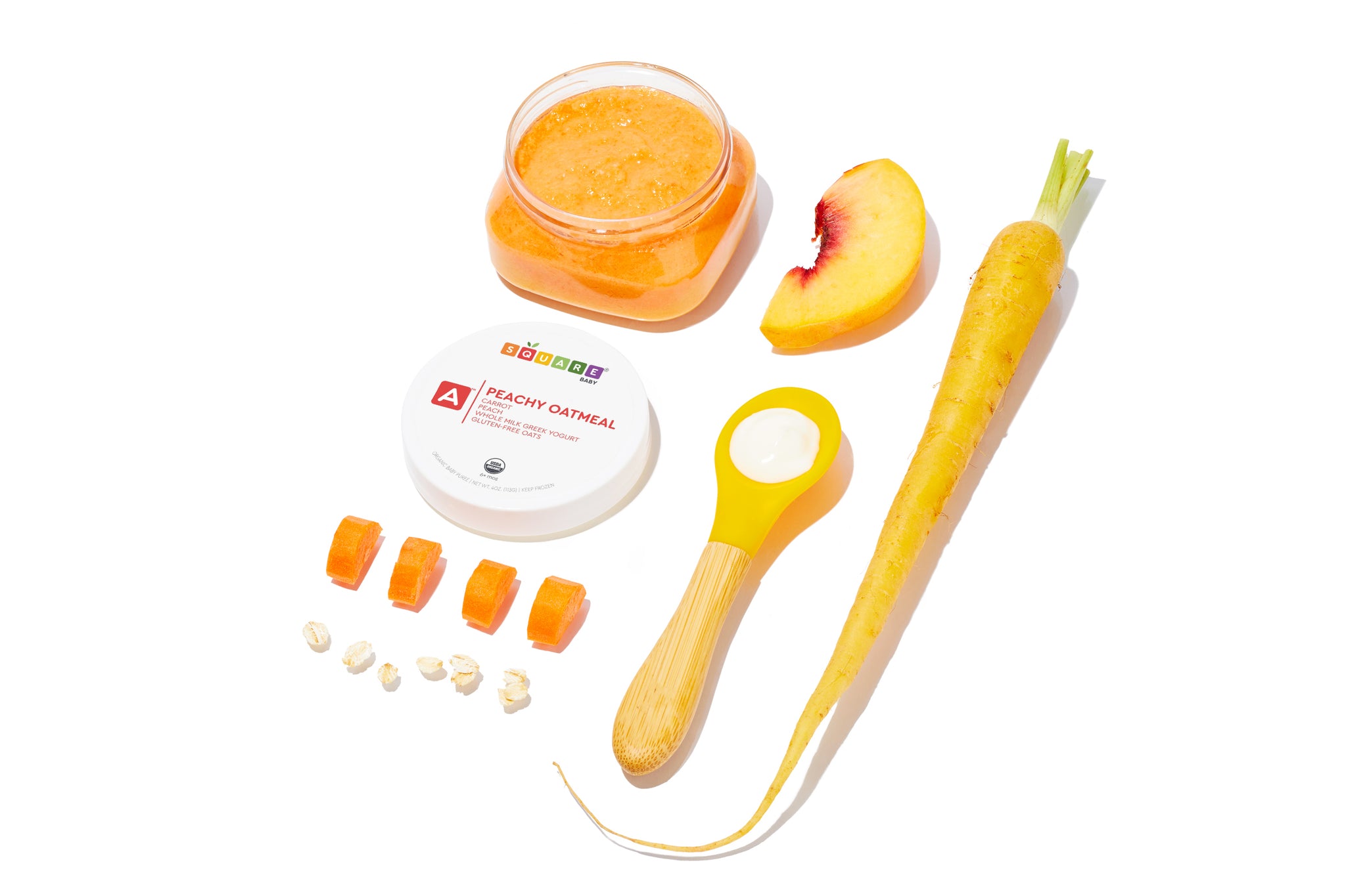 Baby Puree made with carrots, yogurt, peaches, and oats