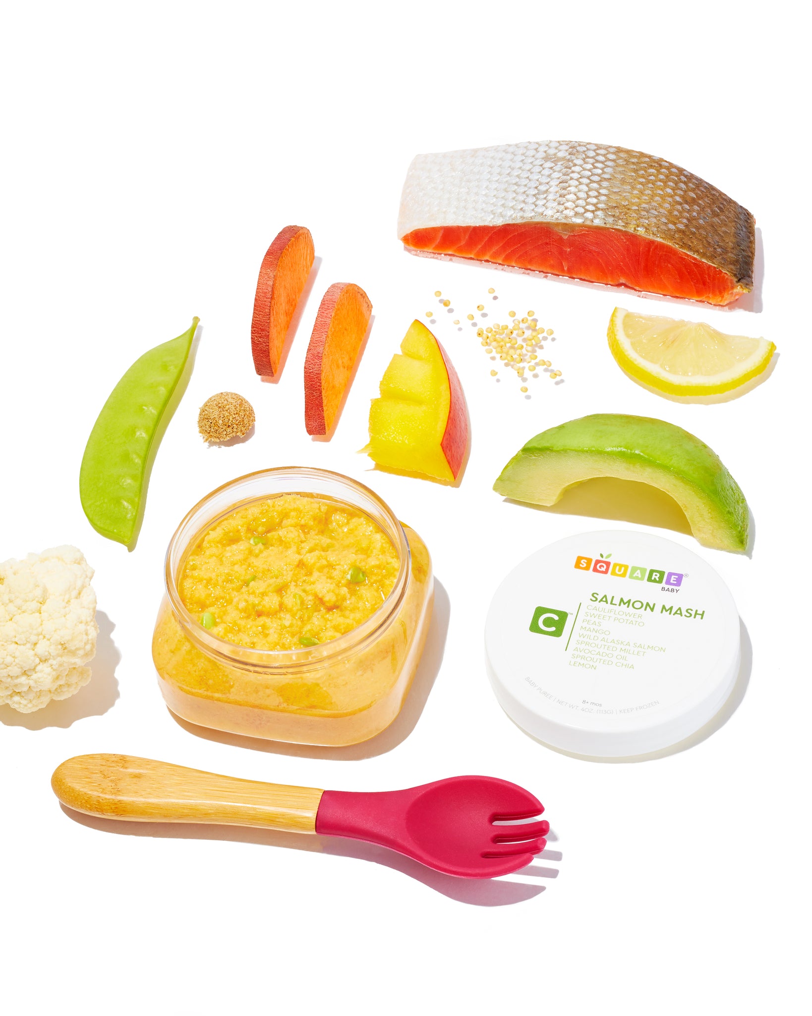 Baby Food with ingredients including sweet potatoes, peas, cauliflower, and more