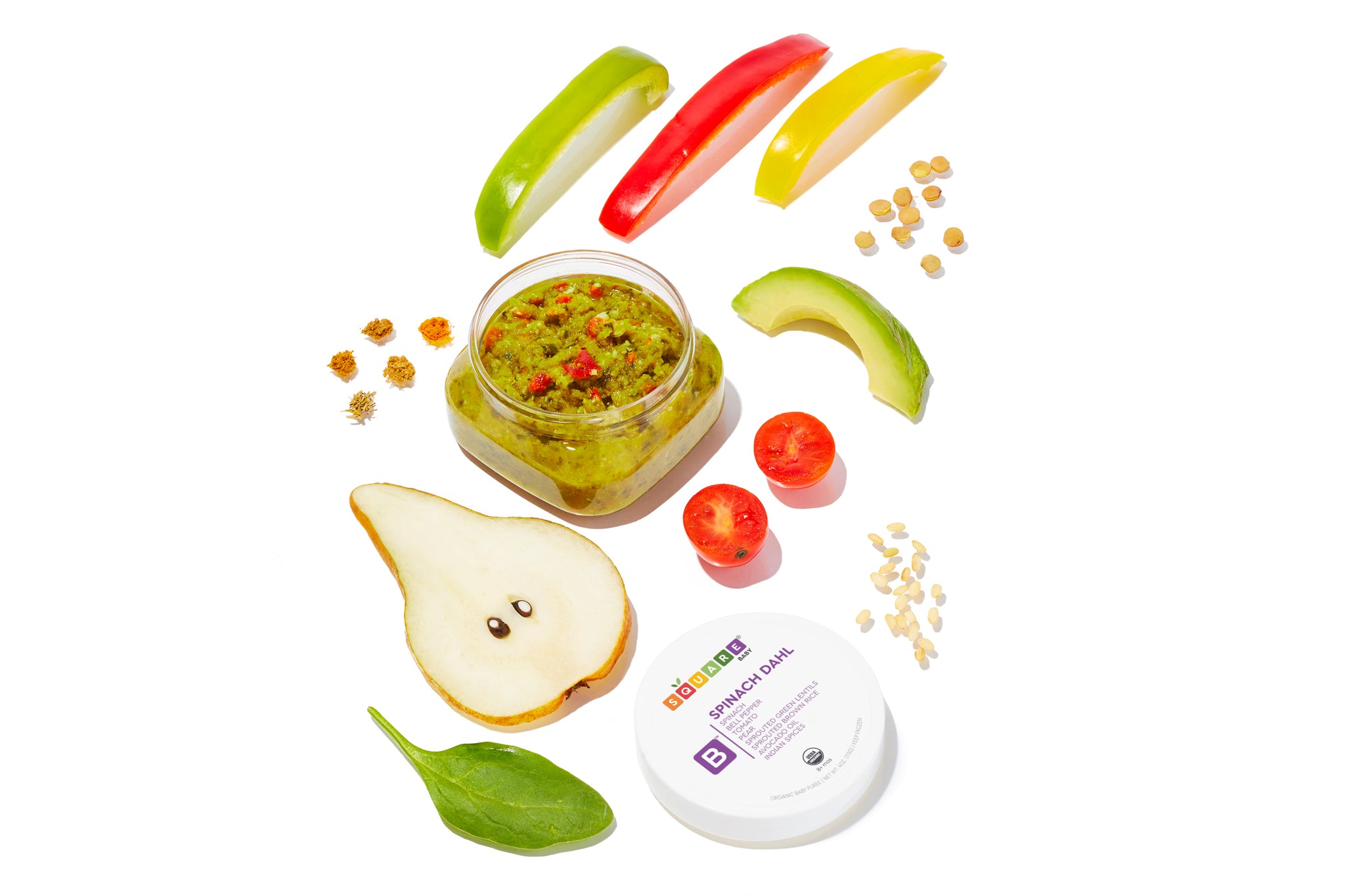 Baby Puree food - Spinach Dahl made with pear, apple, peppers, and more