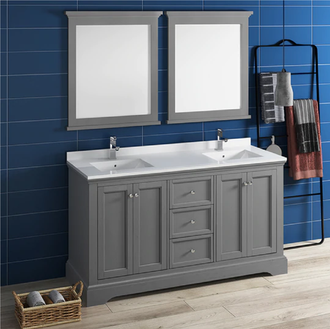 Fresca Windsor 60" Gray Textured Traditional Double Sink Bathroom Vanity w/ Mirrors