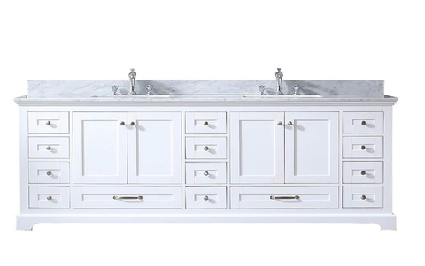 Lexora Dukes 84" White Double Vanity w/ White Carrara Marble Top, White Square Sinks, and No Mirror