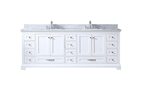 Lexora Dukes 84" White Double Vanity w/ White Carrara Marble Top, White Square Sinks and no Mirror