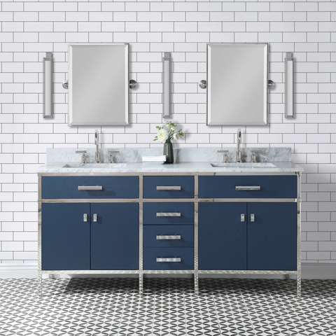 Marquis 72 In. Double Sink Carrara White Marble Countertop Vanity in Monarch Blue with Hook Faucets and Mirrors