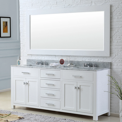 Water Creation 72-Inch Cashmere Grey Double Sink Bathroom Vanity With Matching Framed Mirror And Faucet
