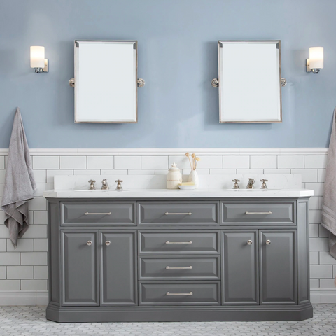 Water Creation 72" Palace Collection Quartz Carrara Cashmere Grey Bathroom Vanity Set With Hardware in Polished Nickel (PVD) Finish