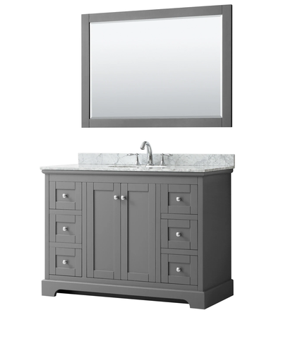 Wyndham Avery 48 Inch Single Bathroom Vanity in Dark Gray, White Carrara Marble Countertop, Undermount Oval Sink, and 46 Inch Mirror