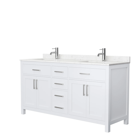 Wyndham Beckett 66 Inch Double Bathroom Vanity in White, Carrara Cultured Marble Countertop, Undermount Square Sinks, No Mirror