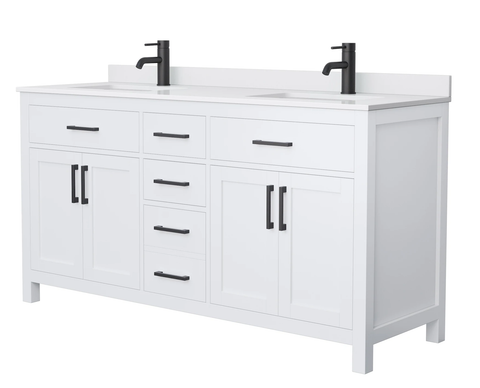 Wyndham Beckett 66 Inch Double Bathroom Vanity in White, White Cultured Marble Countertop, Undermount Square Sinks, Matte Black