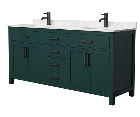 Wyndham Beckett 72 Inch Double Bathroom Vanity in Green, Carrara Cultured Marble Countertop, Undermount Square Sinks, Matte Black Trim