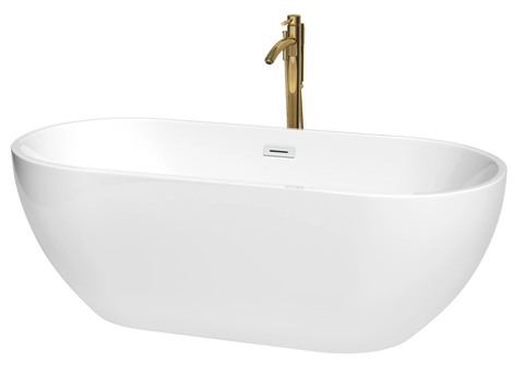 Wyndham Brooklyn 67 Inch Freestanding Bathtub in White with Shiny White Trim and Floor Mounted Faucet in Brushed Gold