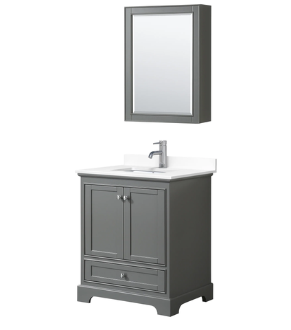Wyndham Deborah 30 Inch Single Bathroom Vanity in Dark Gray, White Cultured Marble Countertop, Undermount Square Sink, Medicine Cabinet