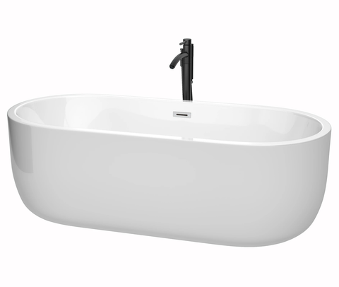 Wyndham Juliette 71 Inch Freestanding Bathtub in White with Polished Chrome Trim and Floor Mounted Faucet in Matte Black