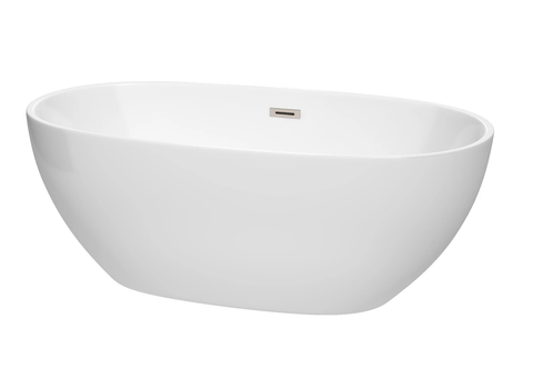 Wyndham Juno 63 Inch Freestanding Bathtub in White with Brushed Nickel Drain and Overflow Trim
