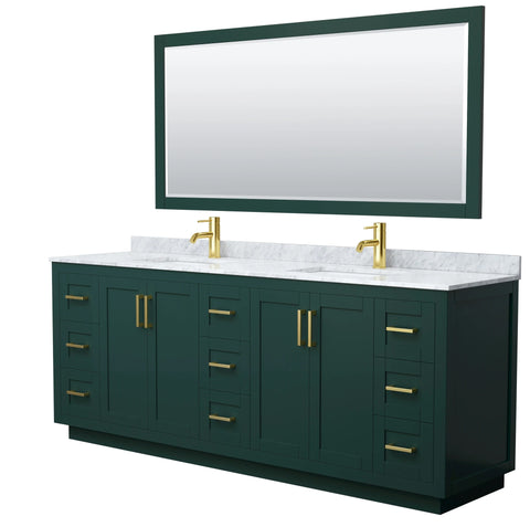 Wyndham Miranda 84 Inch Double Bathroom Vanity in Green, White Carrara Marble Countertop, Undermount Square Sinks, Brushed Gold Trim, 70 Inch Mirror