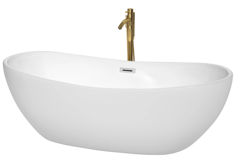 Wyndham Rebecca 70 Inch Freestanding Bathtub in White with Polished Chrome Trim and Floor Mounted Faucet in Brushed Gold
