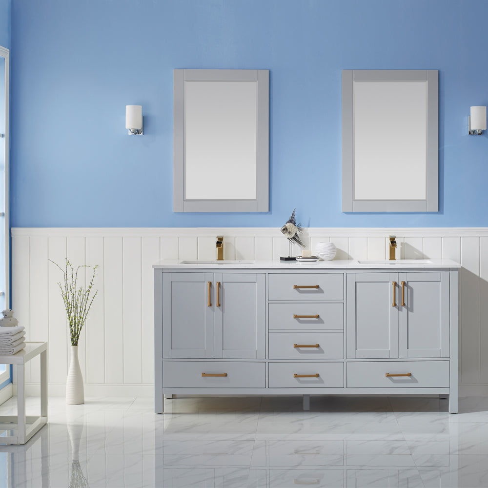 Vinnova Shannon 72" Double Vanity in Paris Grey and Composite Carrara White Stone Countertop Without Mirror