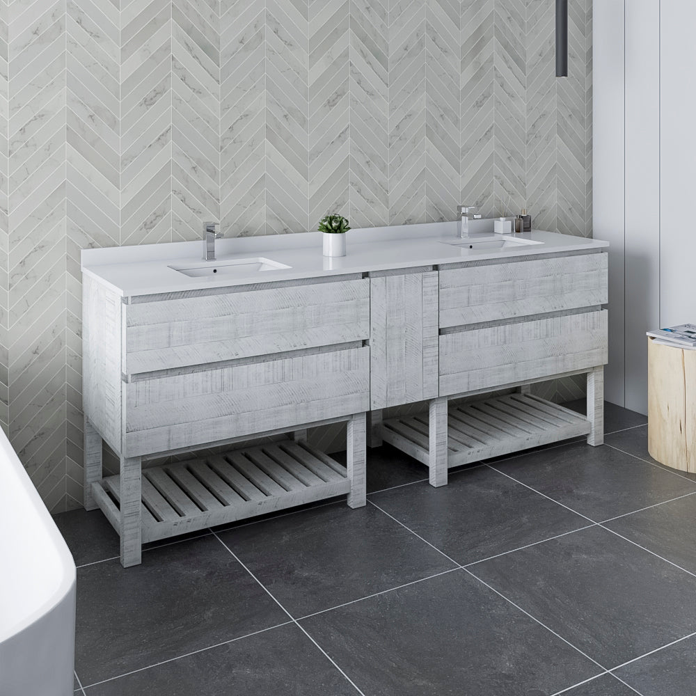 Fresca Formosa 84" Floor Standing Open Bottom Double Sink Modern Bathroom Cabinet w/ Top & Sinks in Rustic White