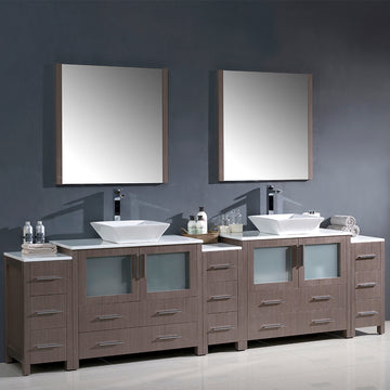 Fresca Torino 108" Gray Oak Modern Double Sink Bathroom Vanity w/ 3 Side Cabinets & Vessel Sinks