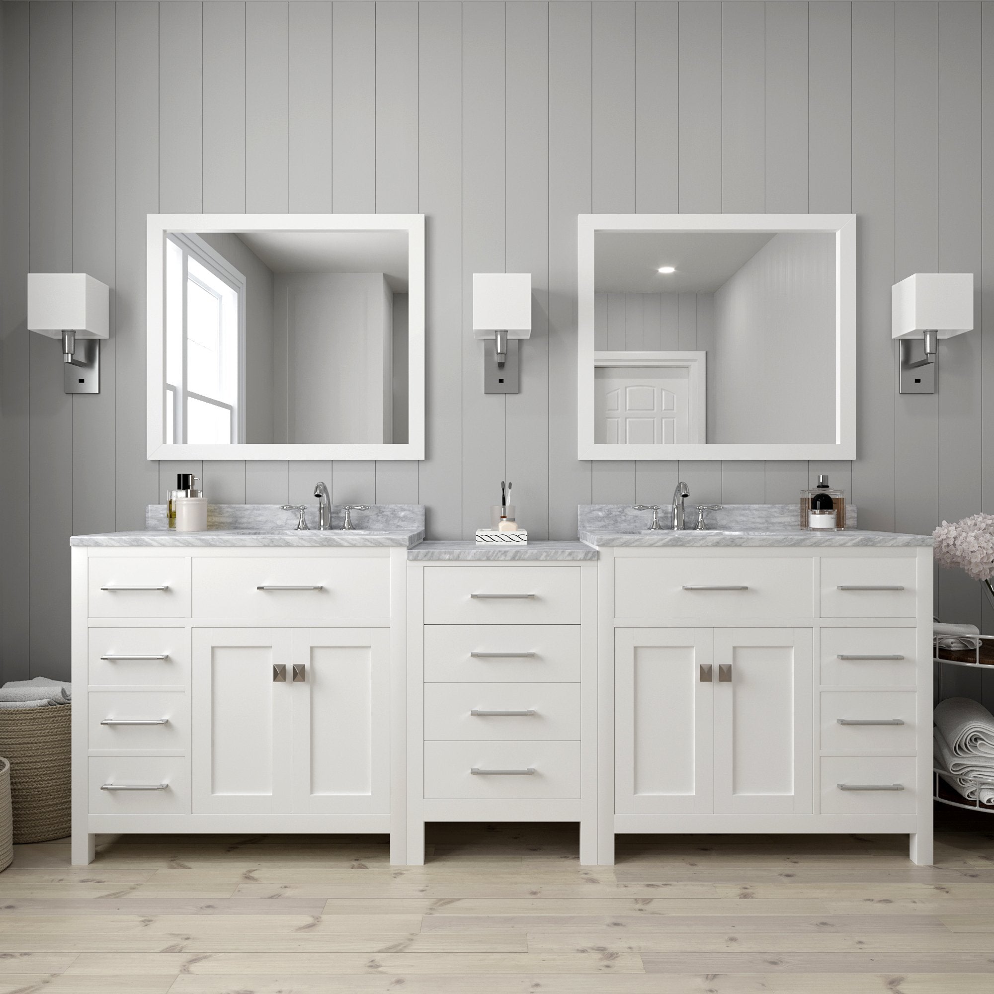 Virtu USA Caroline Parkway 93" Double Sink in Italian Carrara White Marble Top Vanity with Mirrors